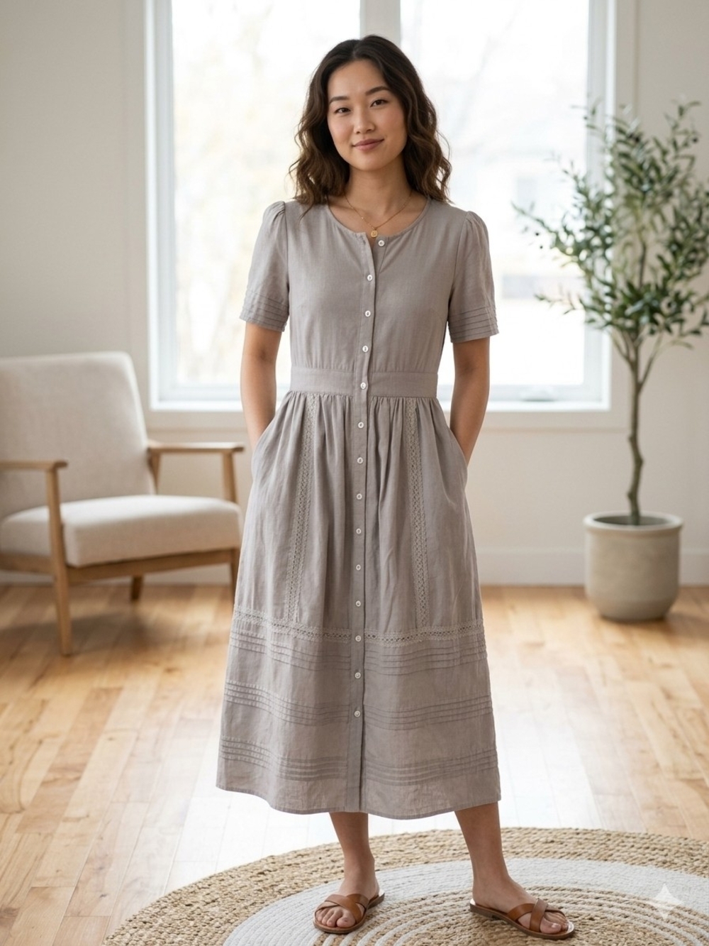 Petallush Button-Front Midi Dress Light Taupe Cottagecore Romantic Boho Chic S